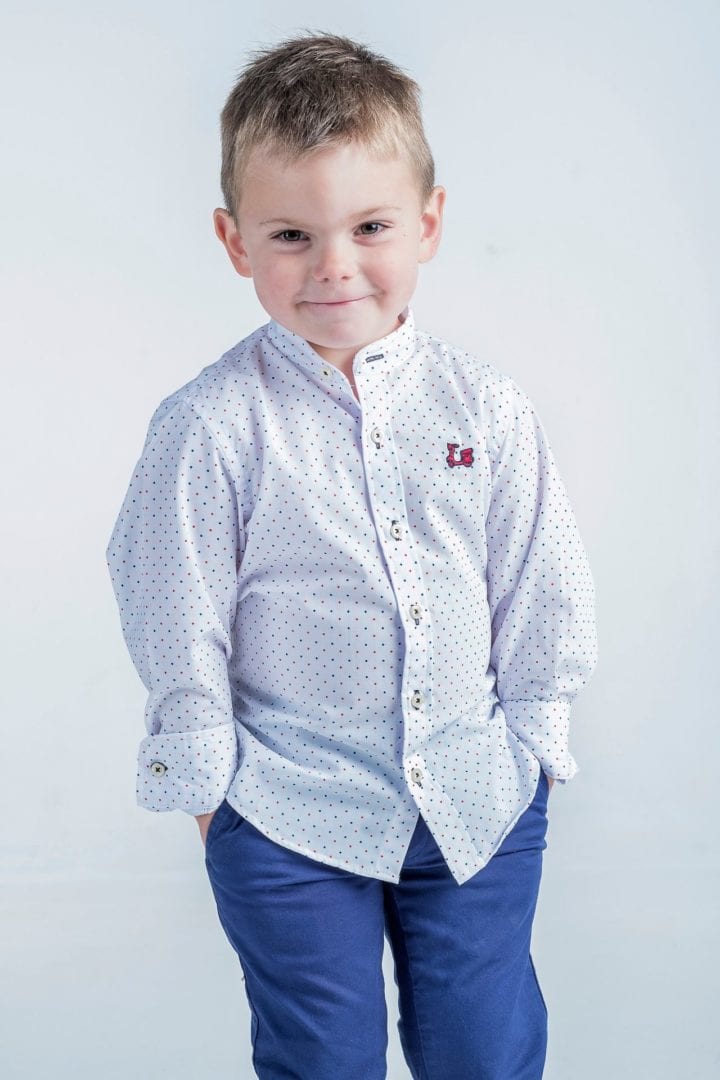 Camisa niño de topitos cuello mao 1 Camisa niño de topitos cuello mao